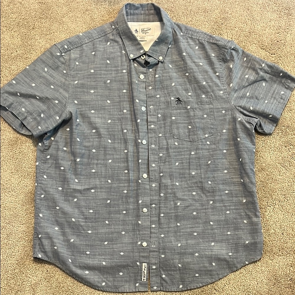 Football pattern- Penguin Men's Button Down Chambray Short Sleeve Shirt